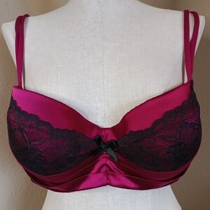 Cacique Elegant Satin Lace Bra - Burgundy and Black 44D